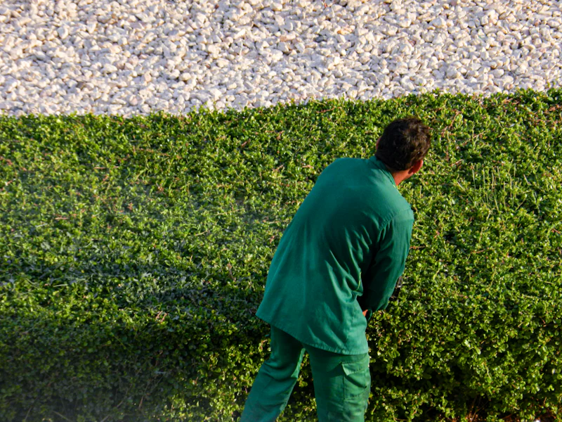 Jardinero con uniforme verde recortando un seto